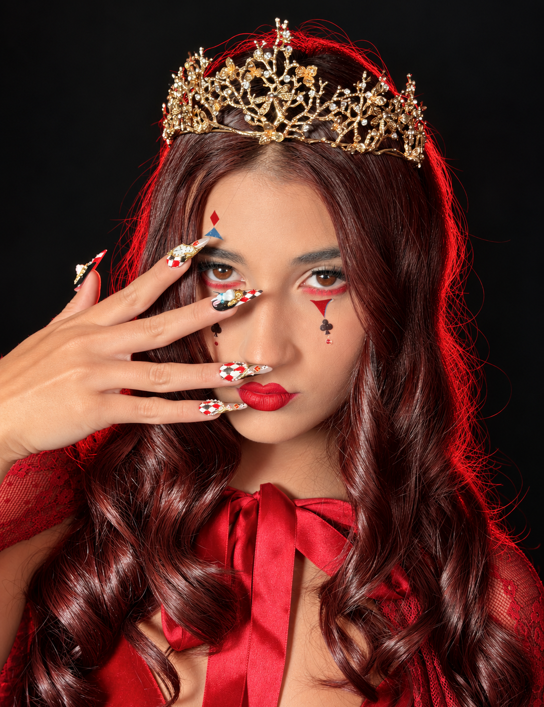 Model in a gold crown and red cape wearing Down the Rabbit Hole press-on nails from Bloom Midnight Cinema