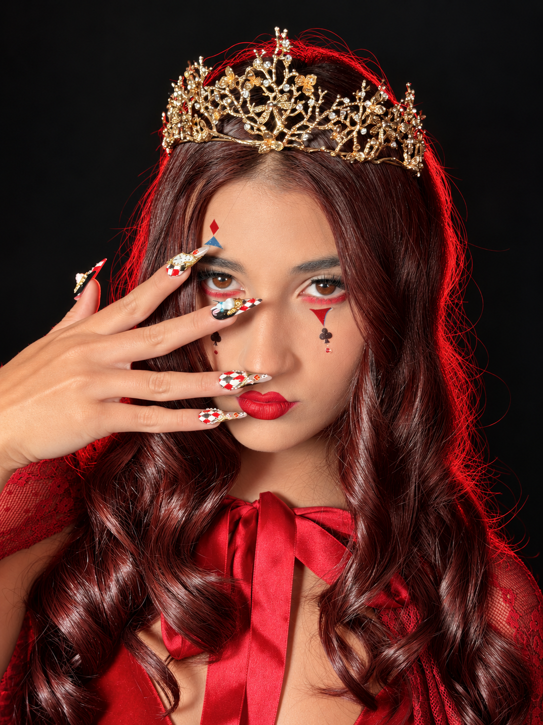 Model in a gold crown and red cape wearing Down the Rabbit Hole press-on nails from Bloom Midnight Cinema