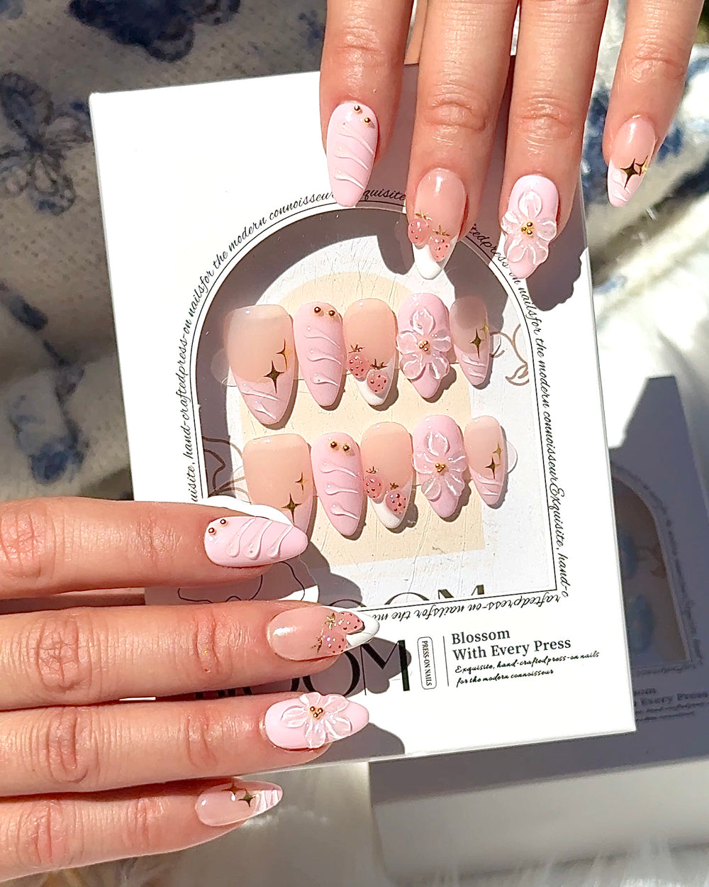 Strawberry Stardust handmade medium almond press-on nails by Bloom Nails, photo 2