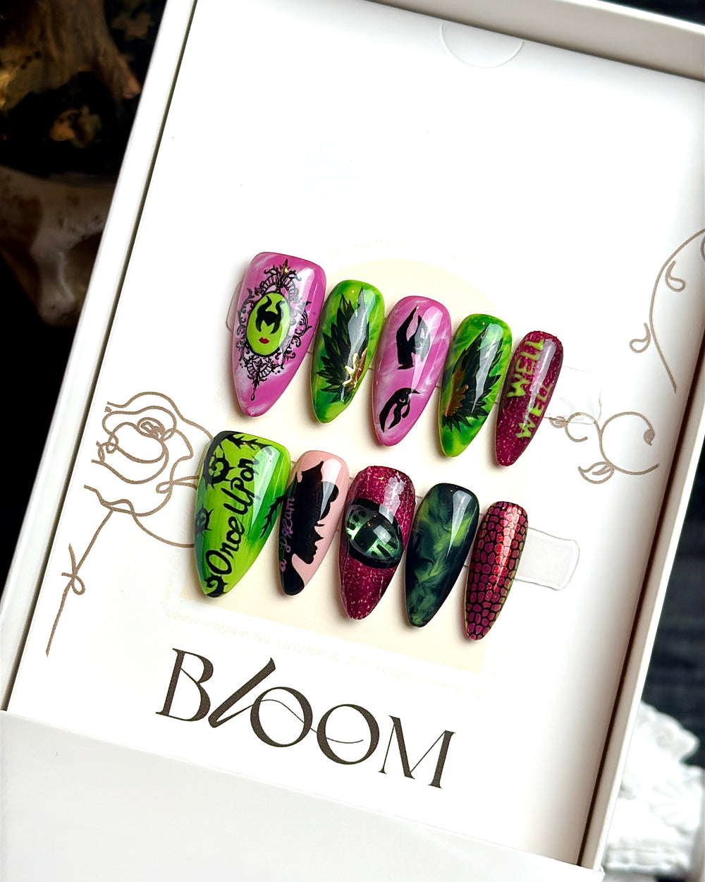 Once Upon a Curse handmade medium stiletto press-on nails by Bloom Nails
