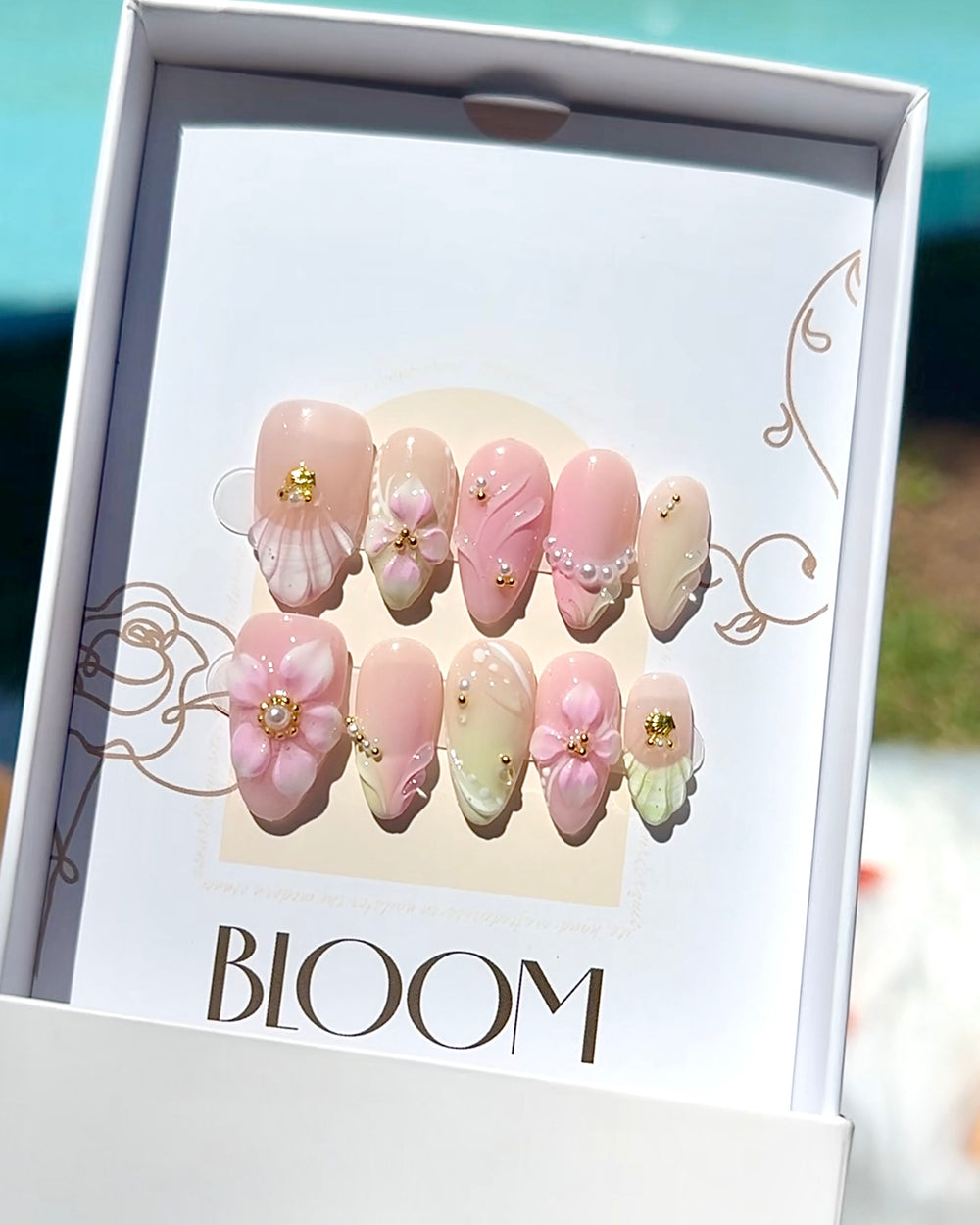 Garden Glaze handmade medium almond press-on nails by Bloom Nails