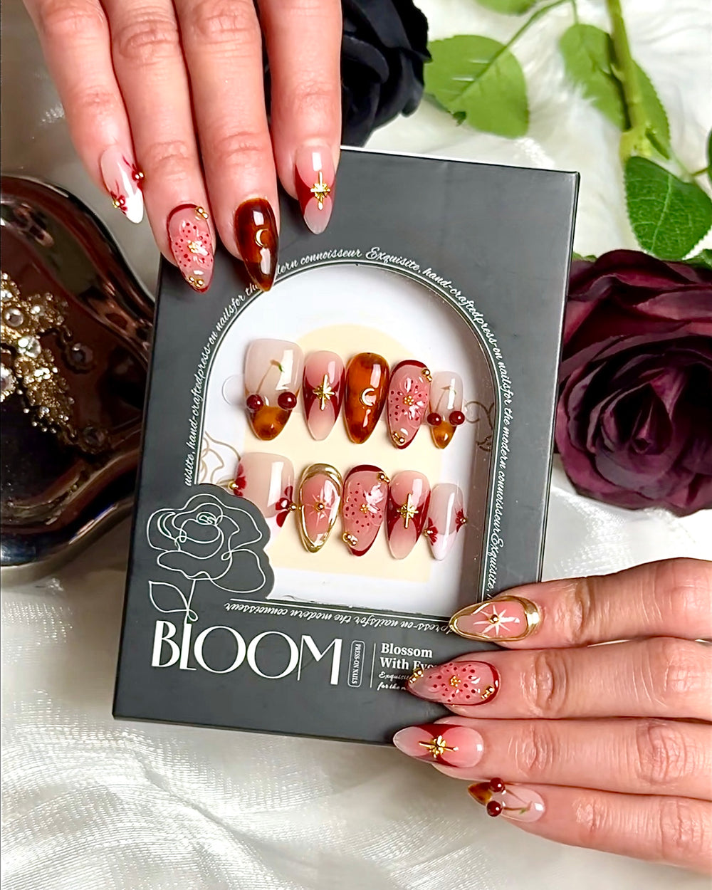 Cherry Eclipse handmade medium almond press-on nails by Bloom Nails, photo 2