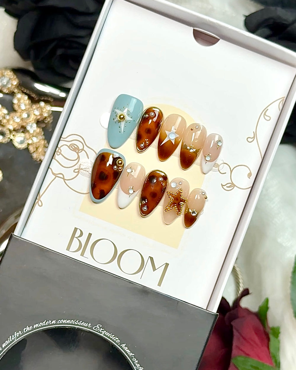 Wild Star handmade medium almond press-on nails by Bloom Nails