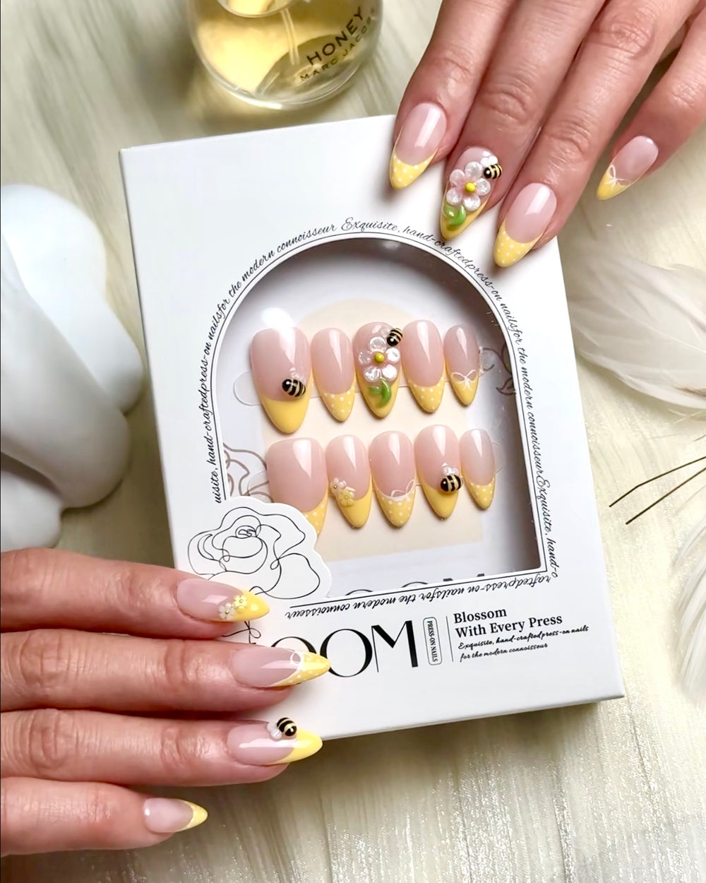 Honey Bee handmade medium almond press-on nails by Bloom Nails, photo 2
