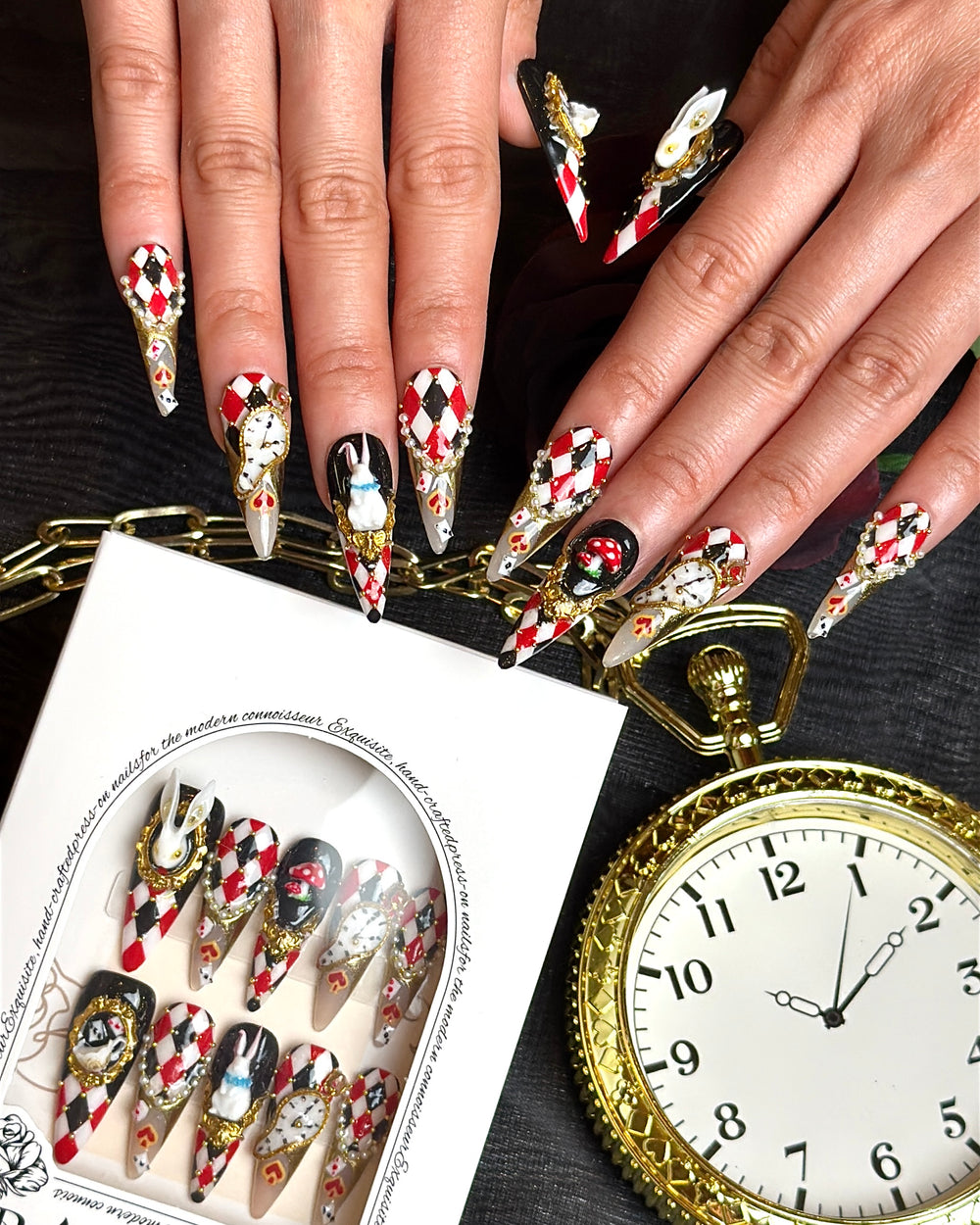 Down the Rabbit Hole handmade long stiletto press-on nails by Bloom Nails, photo 2