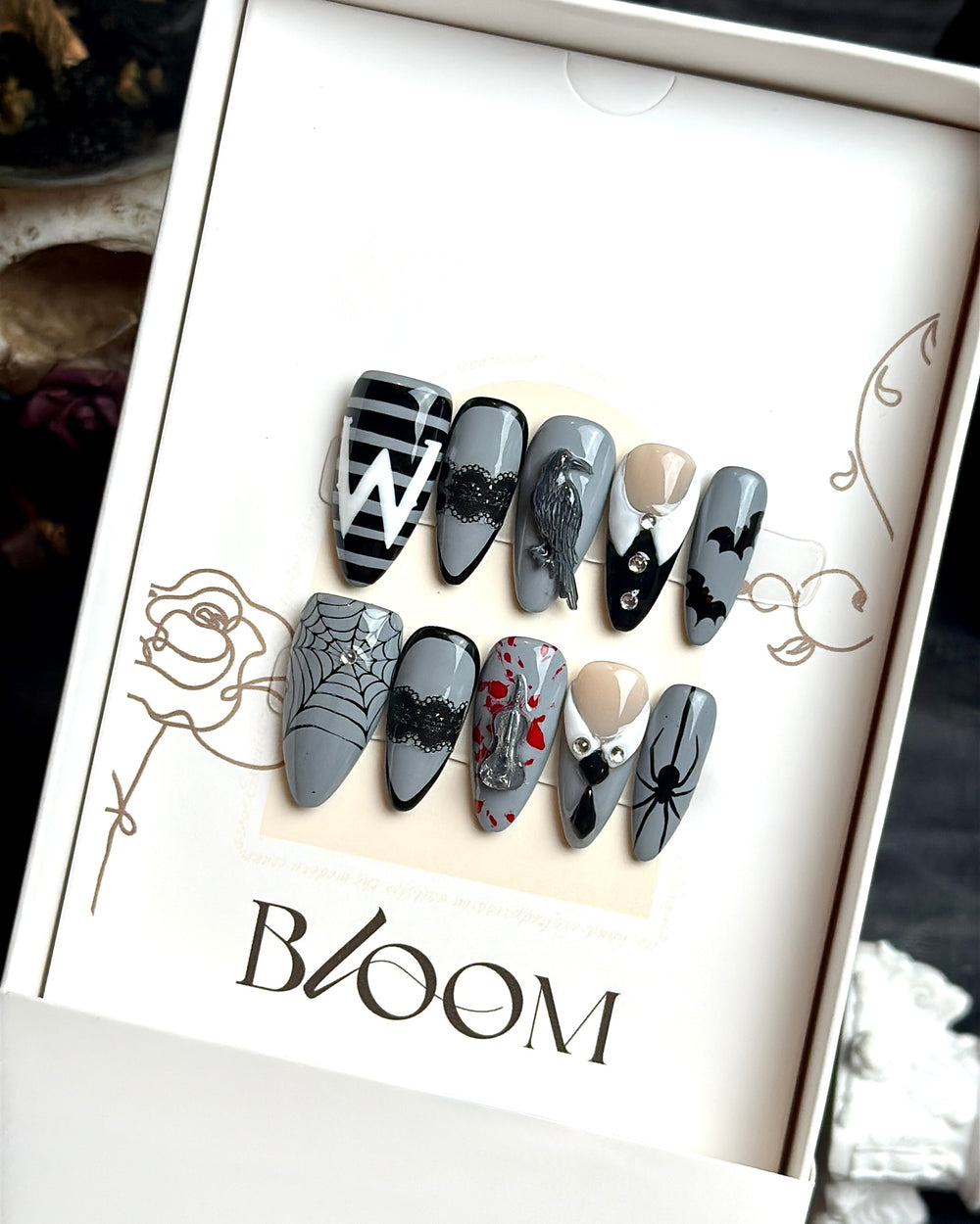 Darling, I’m Dead Inside handmade medium stiletto press-on nails by Bloom Nails