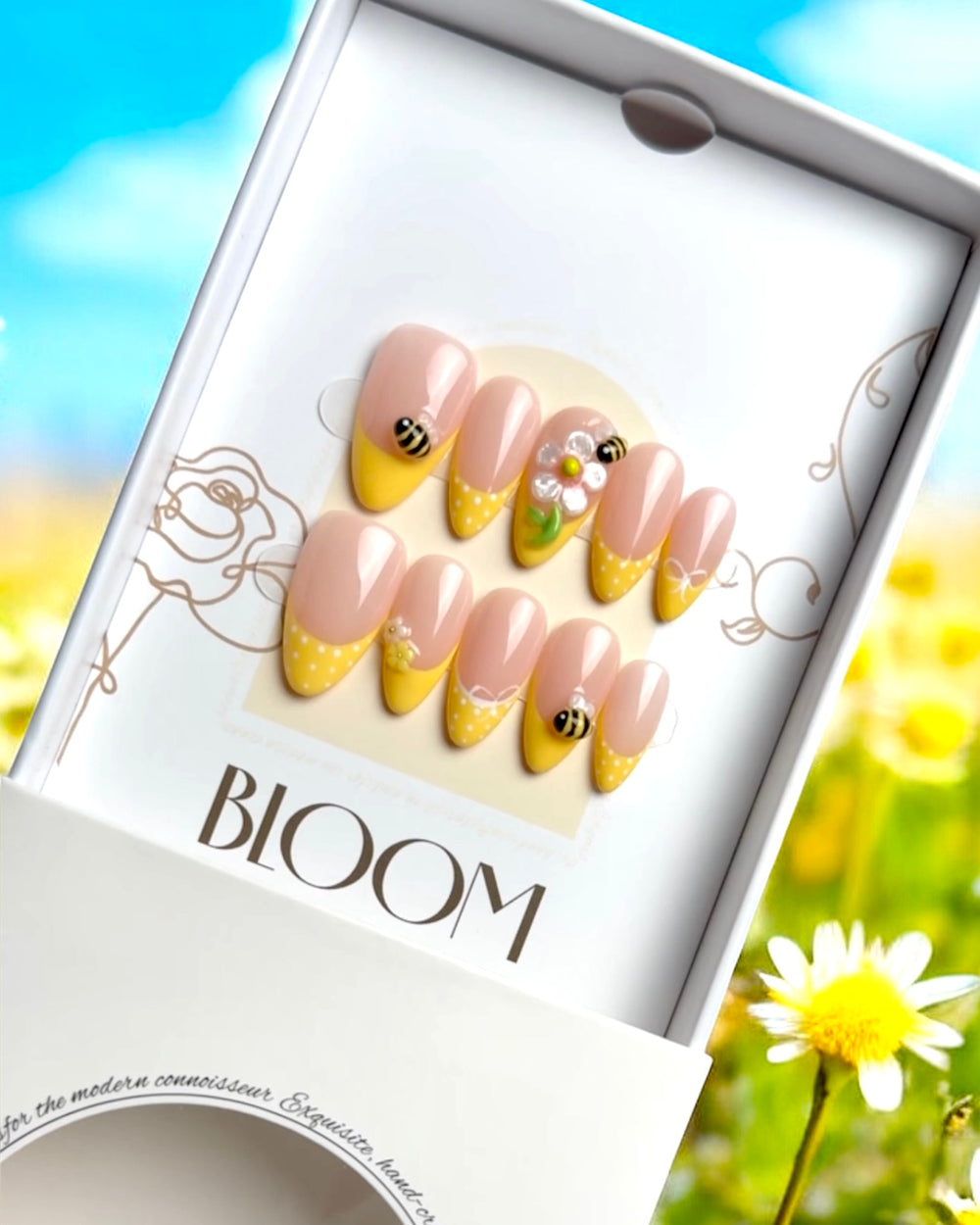 Honey Bee handmade medium almond press-on nails by Bloom Nails