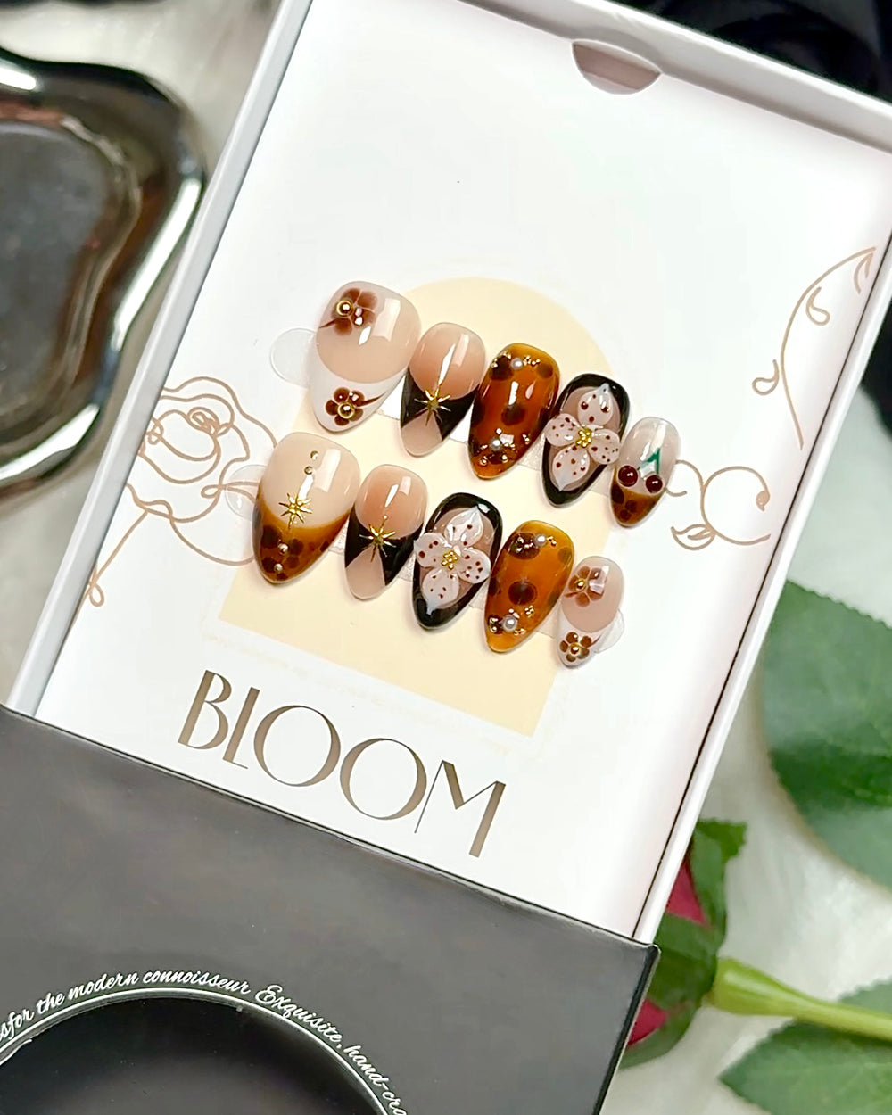 Cocoa Bloom handmade short almond press-on nails by Bloom Nails