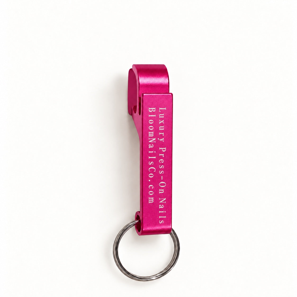 Hot pink Bloom can opener with white engraving and silver keyring
