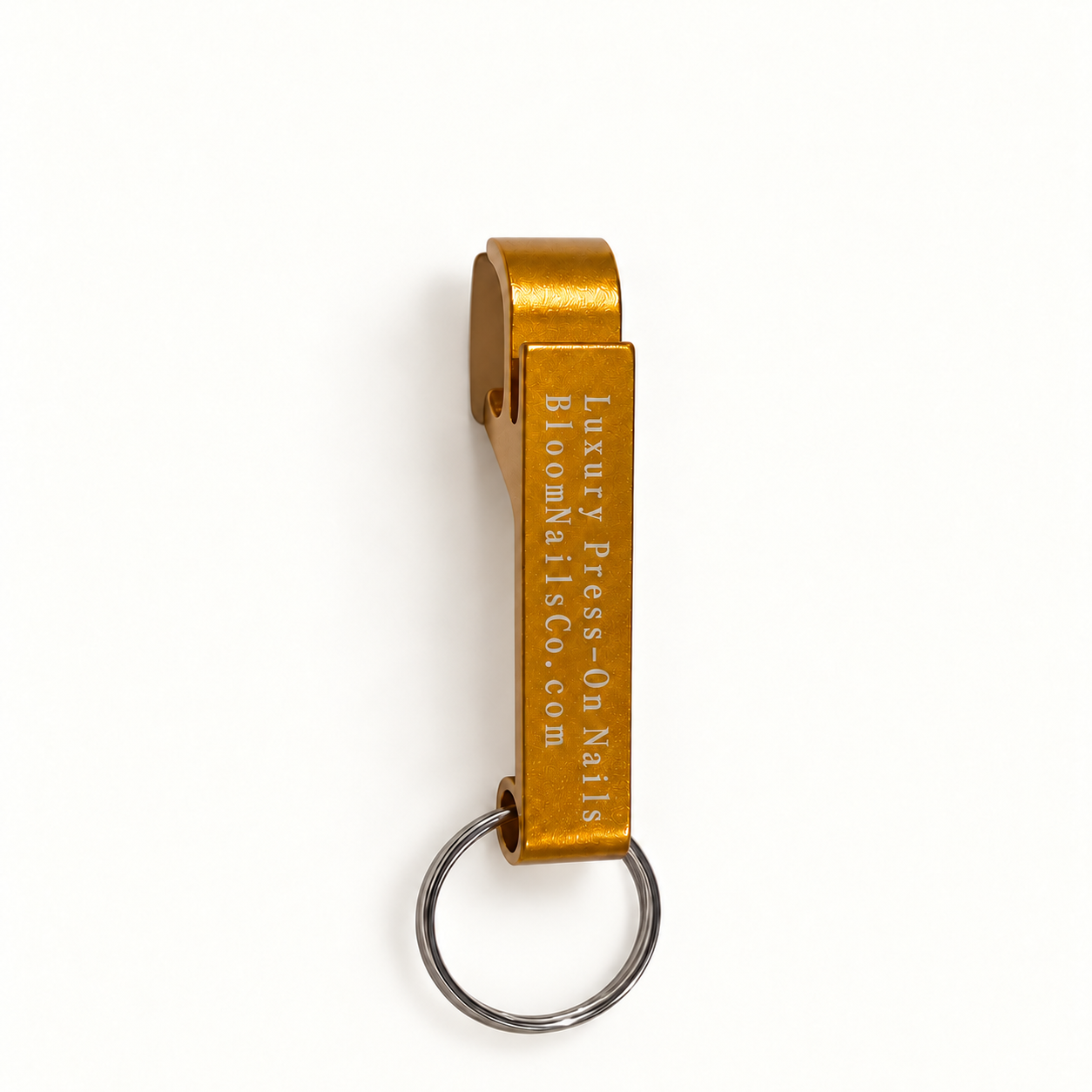 Orange Bloom can opener with white engraving and silver keyring