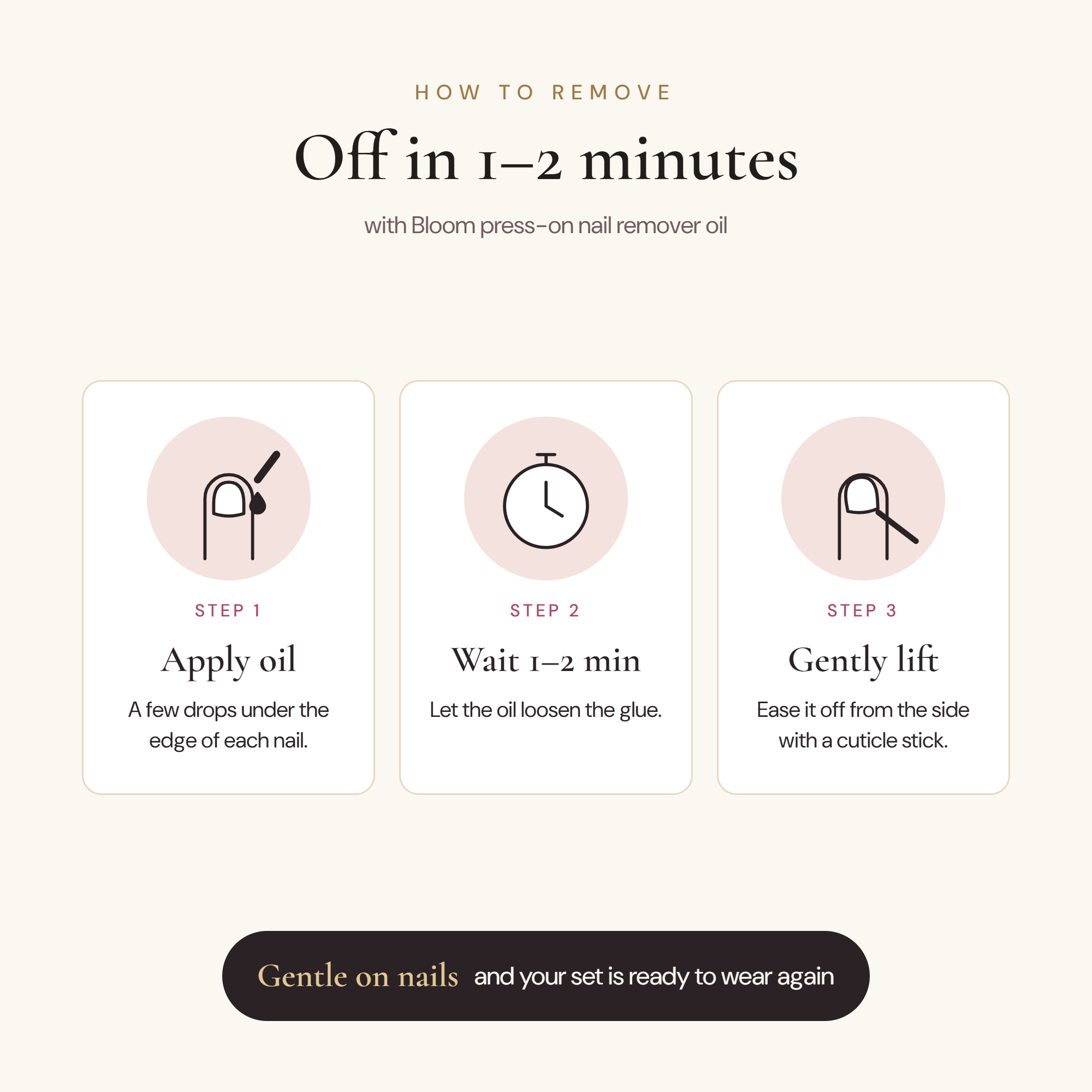 How to remove press-on nails with Bloom remover oil: apply oil under the edge, wait 1–2 minutes, gently lift with a cuticle stick