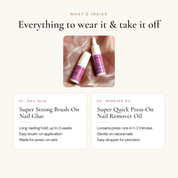 What's inside the Bloom Duo: Super Strong Brush-On Nail Glue (holds up to 3 weeks) and Super Quick Press-On Nail Remover Oil (loosens press-ons in 1–2 minutes)