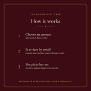How the Bloom Nails gift card works: choose an amount, it arrives by email, she picks her set