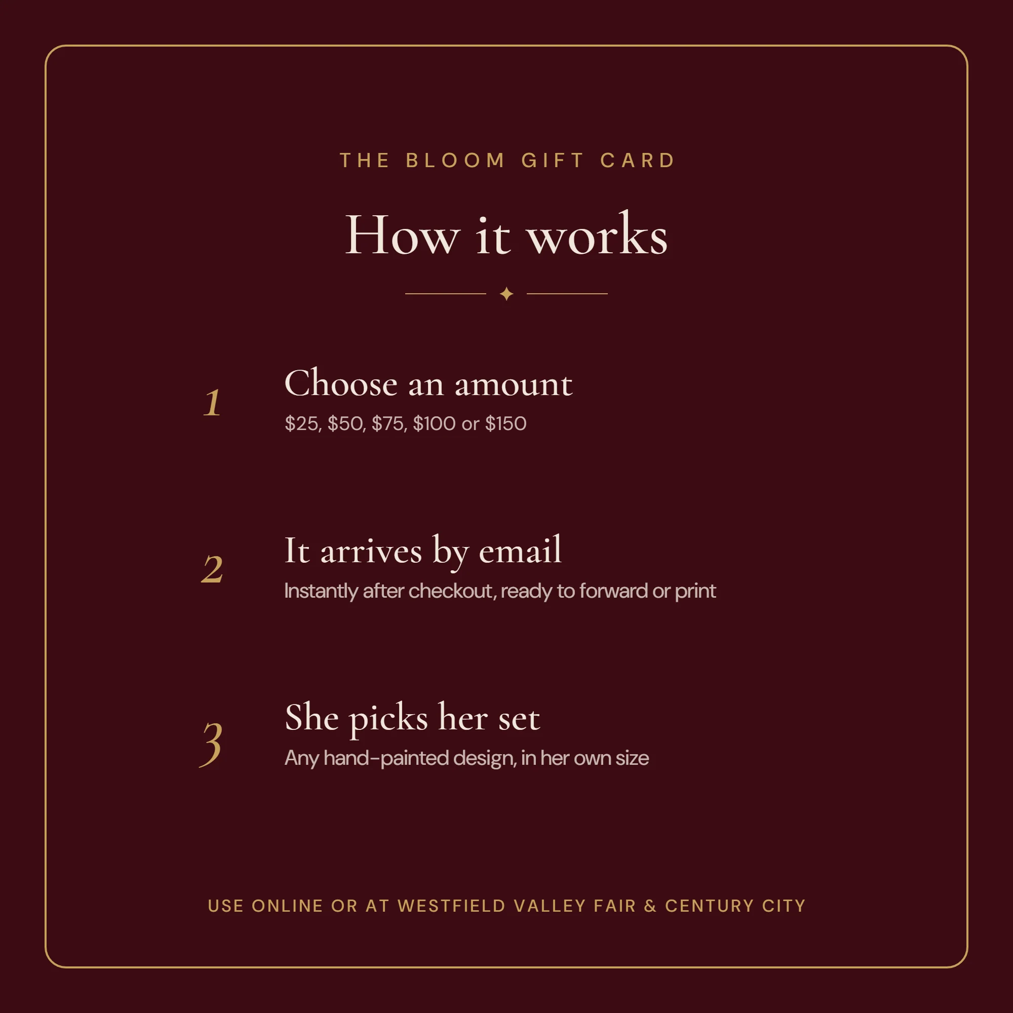 How the Bloom Nails gift card works: choose an amount, it arrives by email, she picks her set