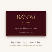 Bloom Nails gift card in wine and gold, available in $25, $50, $75, $100 and $150