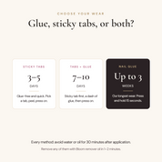 Nail glue vs sticky tabs: sticky tabs last 3–5 days, tabs plus glue 7–10 days, Bloom nail glue up to 3 weeks