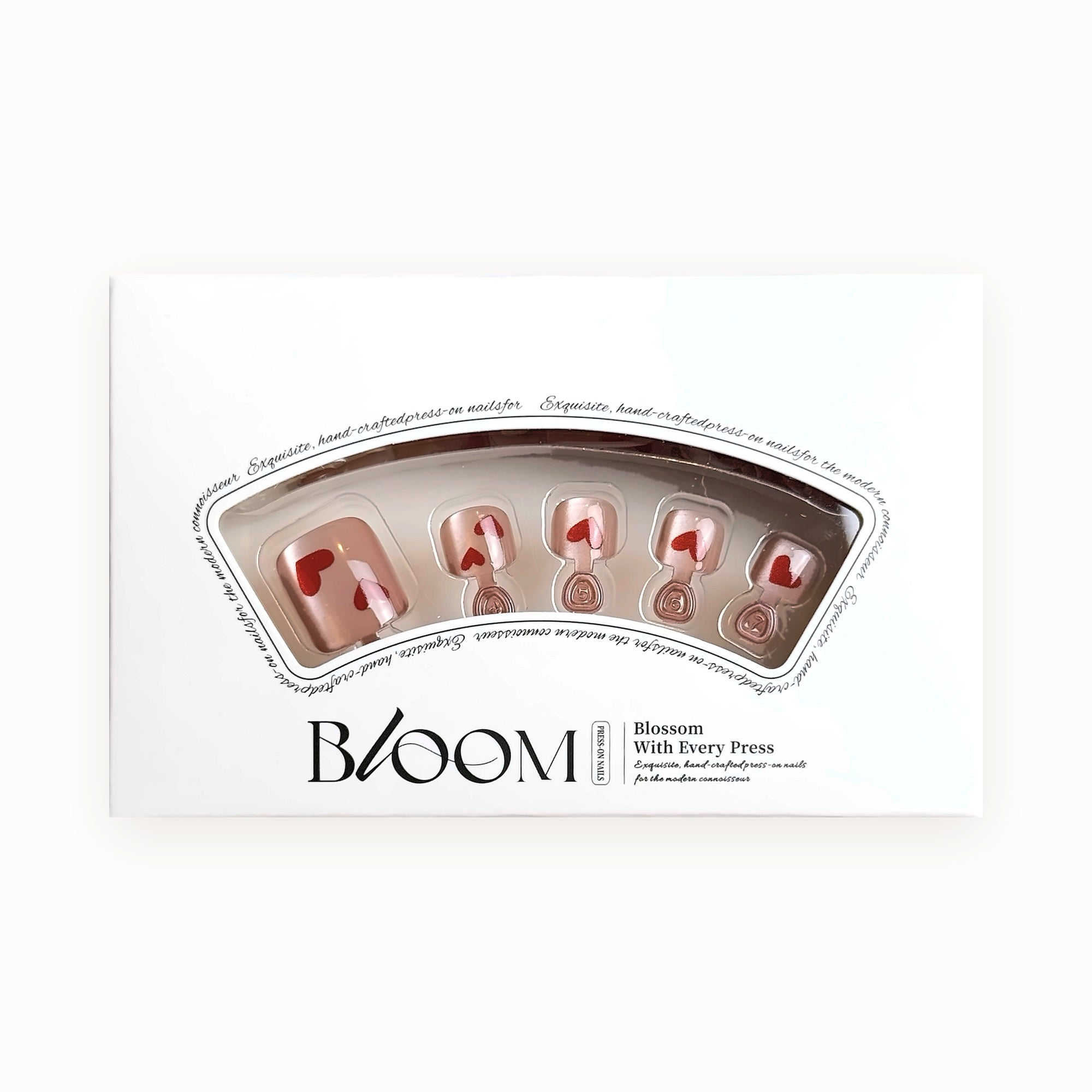 Bloom Love Letter press-on toenails (red hearts on a nude shimmer) in the Bloom box