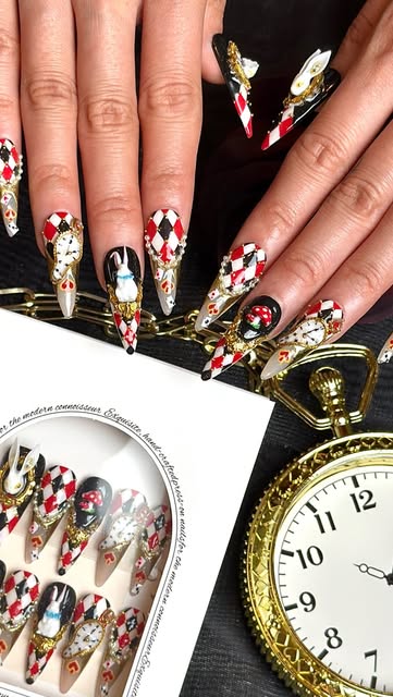 Instagram Reel: harlequin Bloom nails with a pocket watch