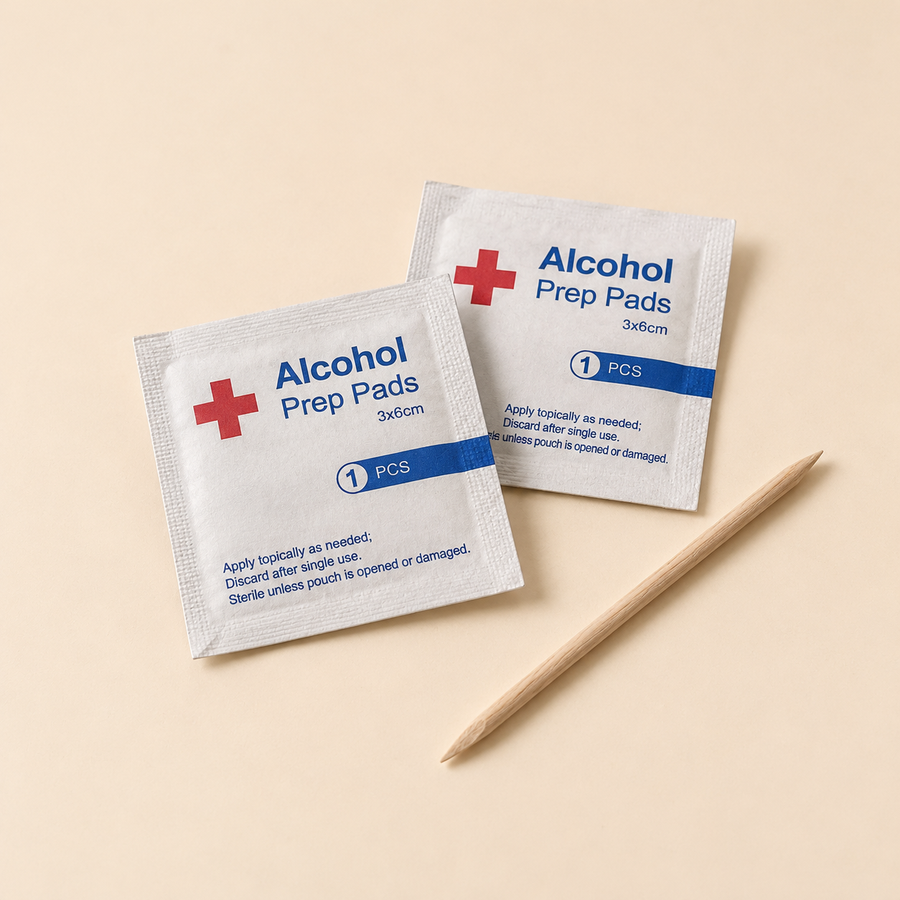 Wood cuticle stick and alcohol prep pads included in the Complete Salon Prep Kit
