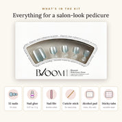 Bloom Blue Reverie press-on toenails (frosty blue cat-eye) kit: 32 nails in 16 sizes, nail glue, sticky tabs, nail file, cuticle stick, alcohol pad