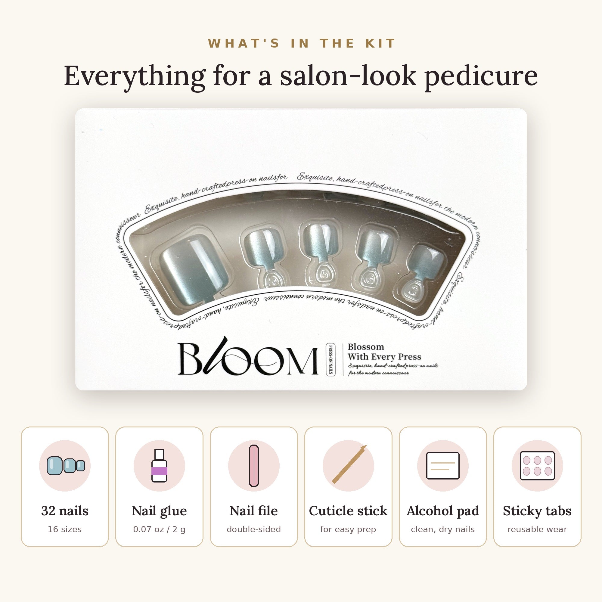 Bloom Blue Reverie press-on toenails (frosty blue cat-eye) kit: 32 nails in 16 sizes, nail glue, sticky tabs, nail file, cuticle stick, alcohol pad