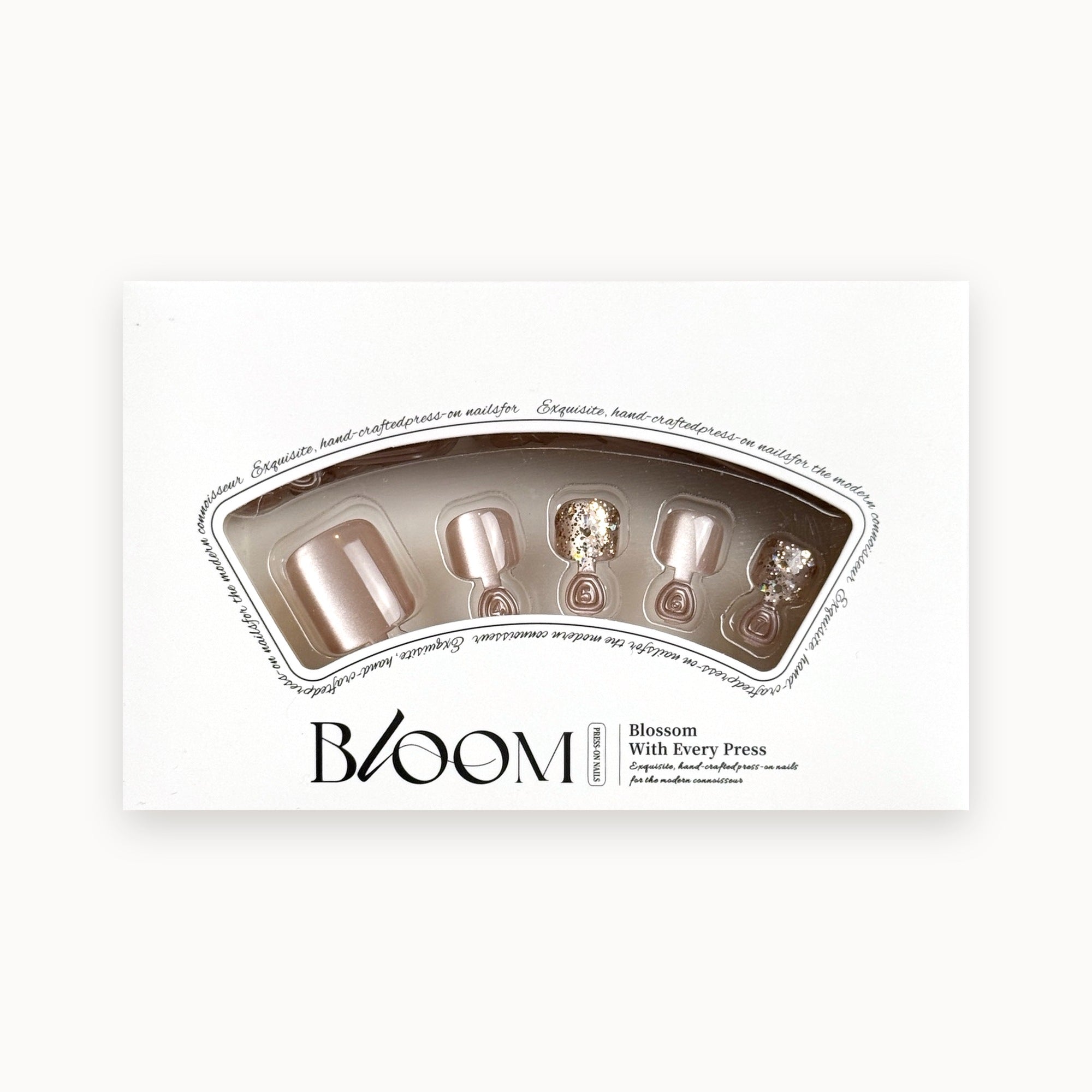Bloom Champagne Wishes press-on toenails (pearly champagne with glitter accents) in the Bloom box