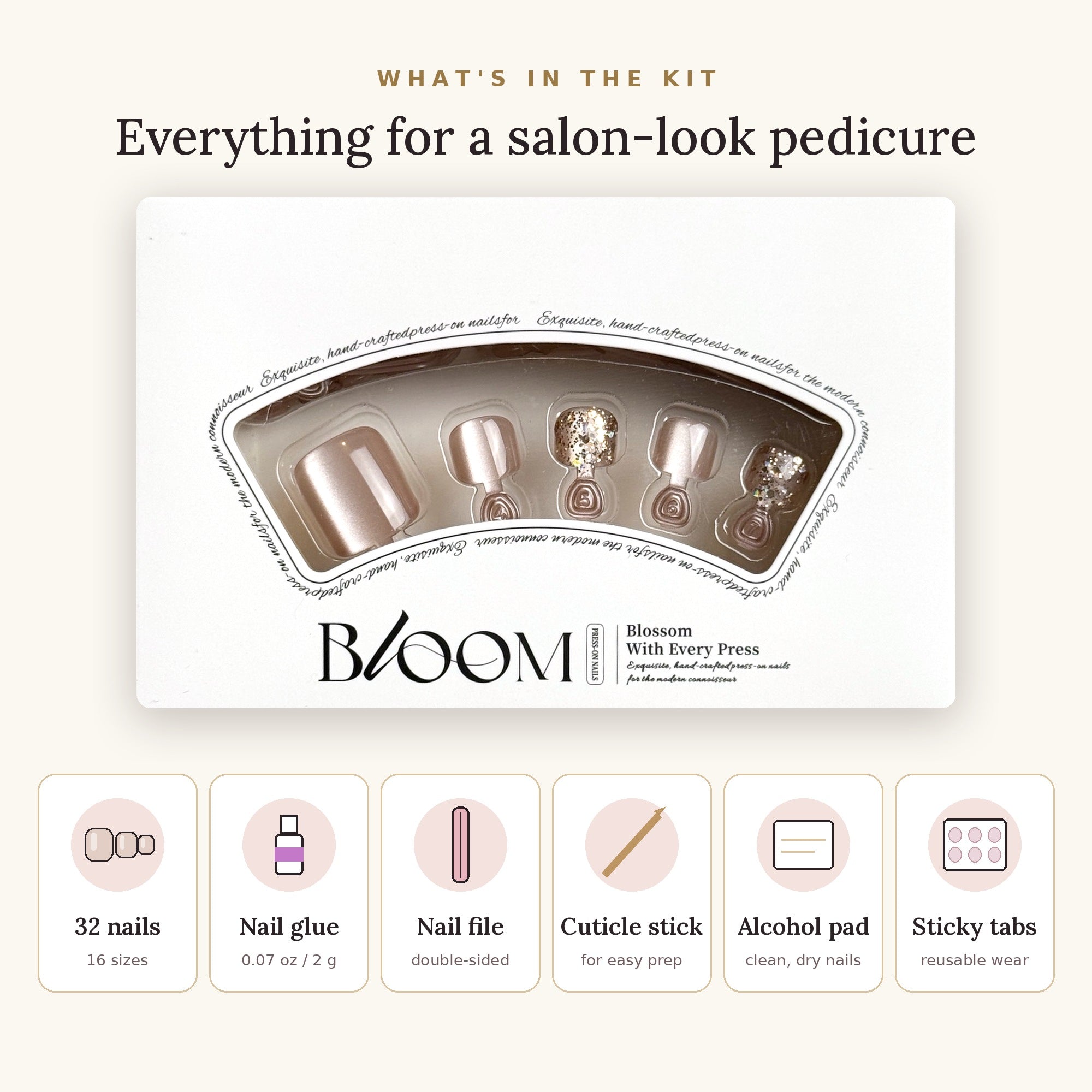 Bloom Champagne Wishes press-on toenails (pearly champagne with glitter accents) kit: 32 nails in 16 sizes, nail glue, sticky tabs, nail file, cuticle stick, alcohol pad