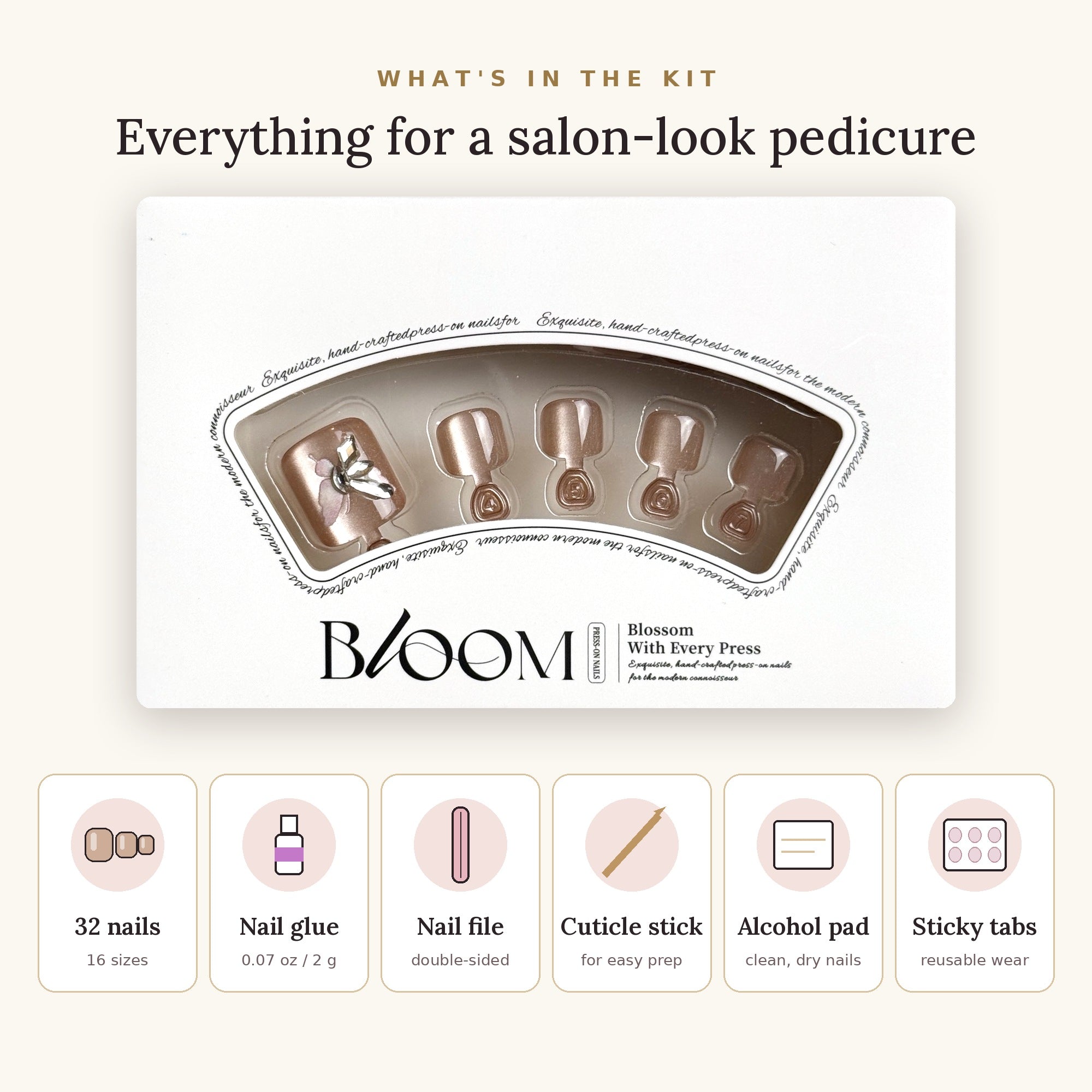 Bloom Gilded Wings press-on toenails (champagne shimmer with butterfly charm) kit: 32 nails in 16 sizes, nail glue, sticky tabs, nail file, cuticle stick, alcohol pad