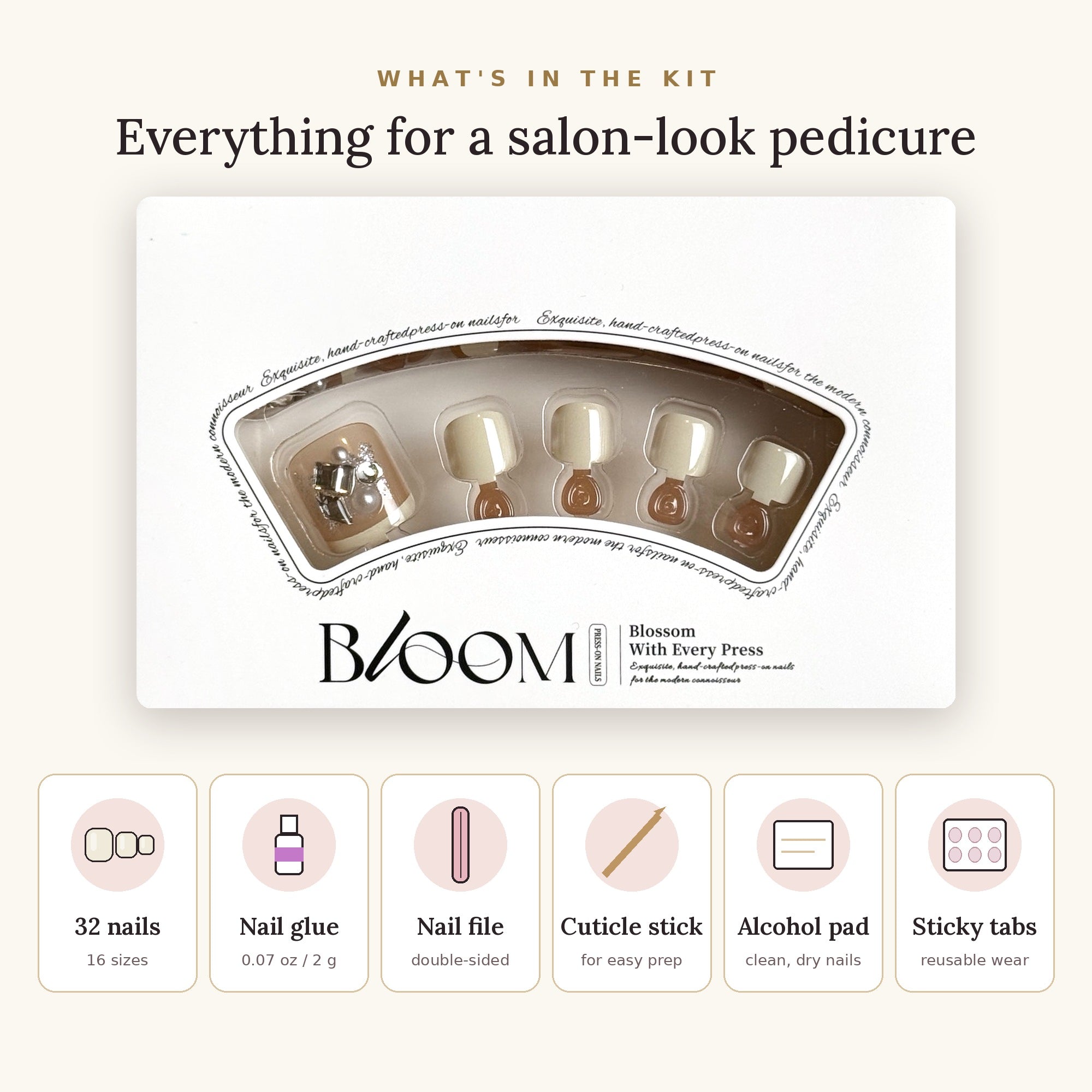 Bloom Ivory Heirloom press-on toenails (ivory with pearl and crystal cluster) kit: 32 nails in 16 sizes, nail glue, sticky tabs, nail file, cuticle stick, alcohol pad