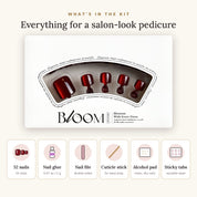 Bloom Midnight Merlot press-on toenails (burgundy wine-red cat-eye) kit: 32 nails in 16 sizes, nail glue, sticky tabs, nail file, cuticle stick, alcohol pad
