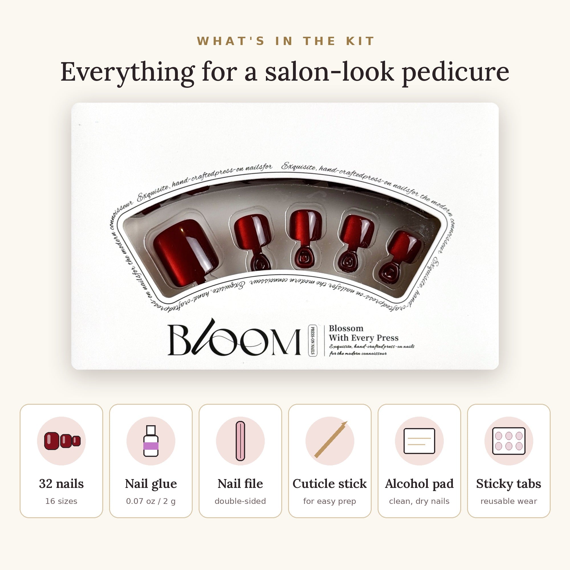 Bloom Midnight Merlot press-on toenails (burgundy wine-red cat-eye) kit: 32 nails in 16 sizes, nail glue, sticky tabs, nail file, cuticle stick, alcohol pad