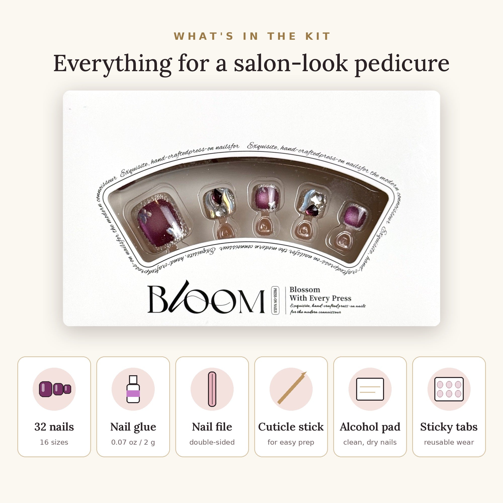 Bloom Plum Royale press-on toenails (plum cat-eye with crystals) kit: 32 nails in 16 sizes, nail glue, sticky tabs, nail file, cuticle stick, alcohol pad