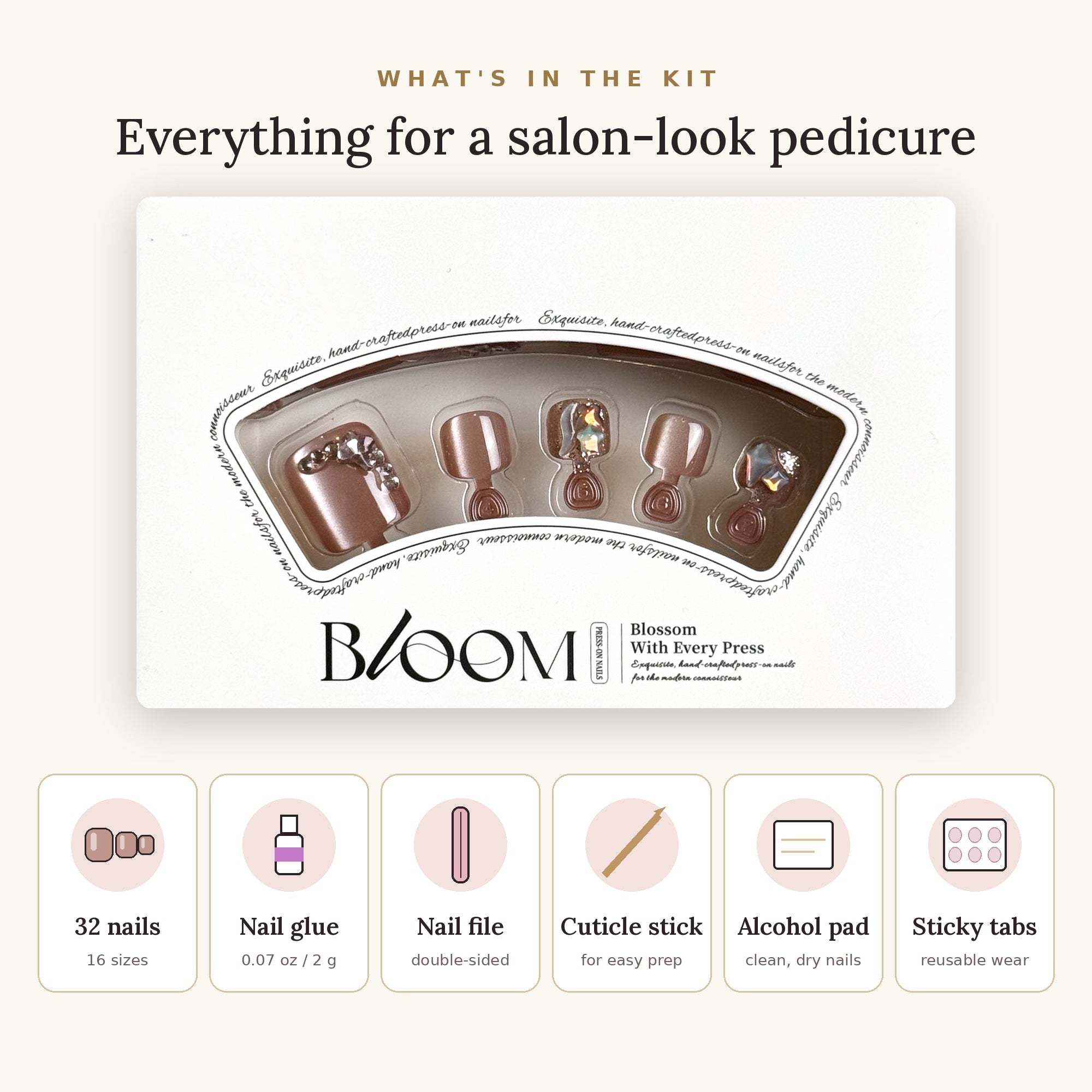 Bloom Rosé Bijou press-on toenails (rosy mauve shimmer with crystals) kit: 32 nails in 16 sizes, nail glue, sticky tabs, nail file, cuticle stick, alcohol pad