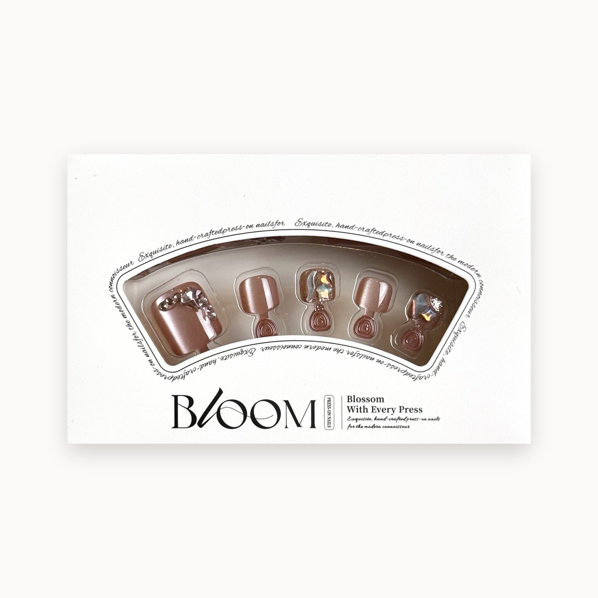 Bloom Rosé Bijou press-on toenails (rosy mauve shimmer with crystals) in the Bloom box