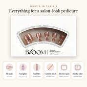 Bloom Tied in Rouge press-on toenails (red bows and dots on sheer pink) kit: 32 nails in 16 sizes, nail glue, sticky tabs, nail file, cuticle stick, alcohol pad