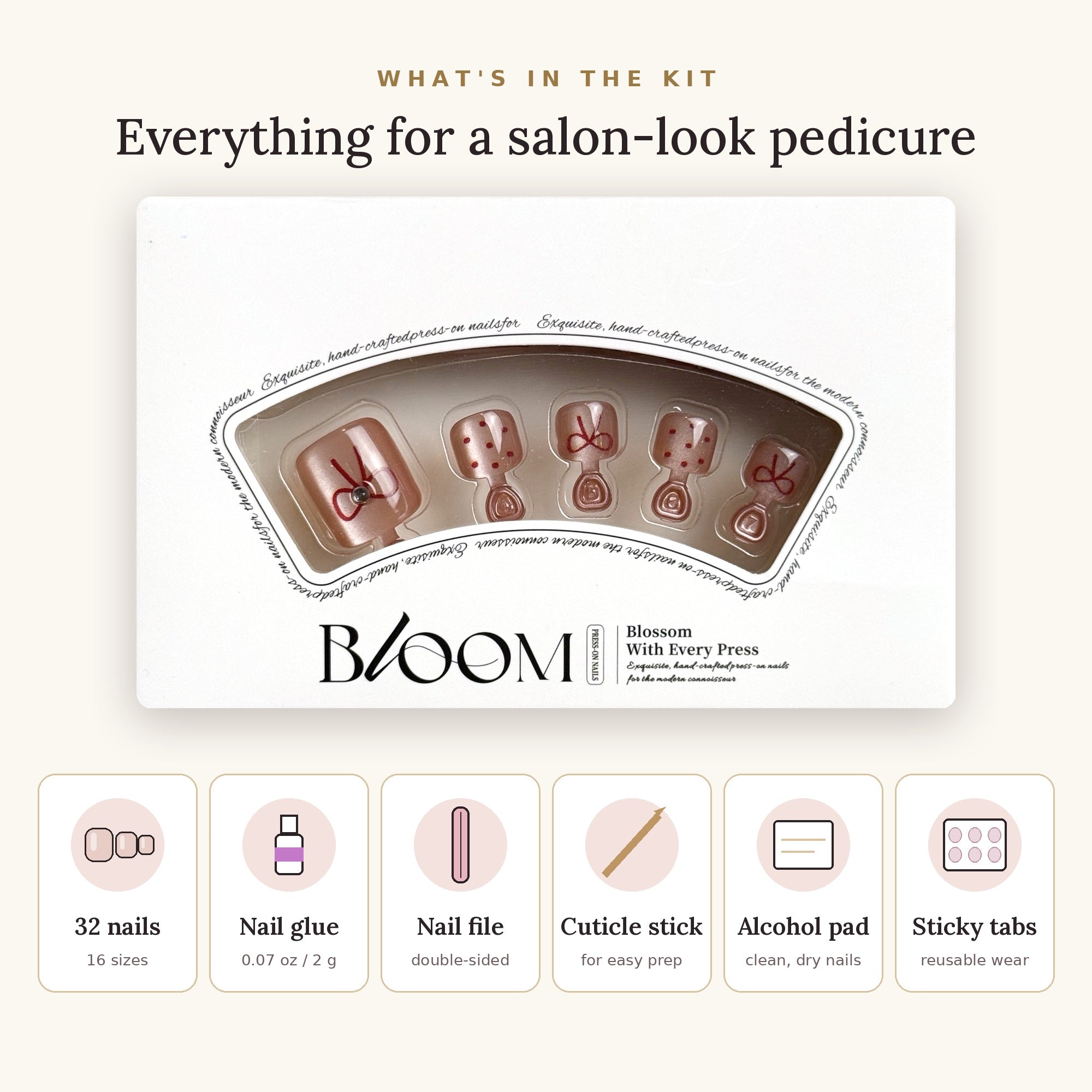Bloom Tied in Rouge press-on toenails (red bows and dots on sheer pink) kit: 32 nails in 16 sizes, nail glue, sticky tabs, nail file, cuticle stick, alcohol pad